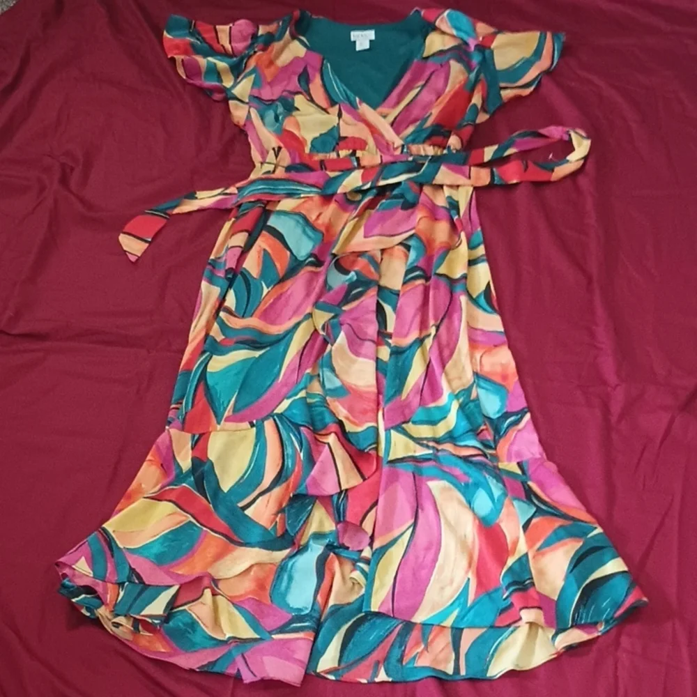 Nicole Miller NY Colorful Wrap Dress Belted Waist Classy Easter Spring Summer L - Picture 1 of 8